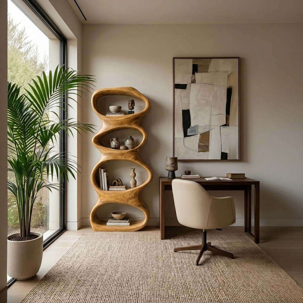 Biomorphic Wooden Bookshelf For Modern Living Room