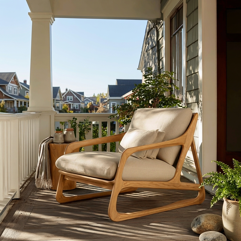 Artistic Wood Chair With Curved Structure For Home Balcony