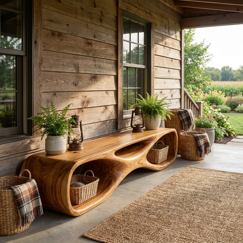 Artistic Wooden Bench With Organic Shape For Hallway