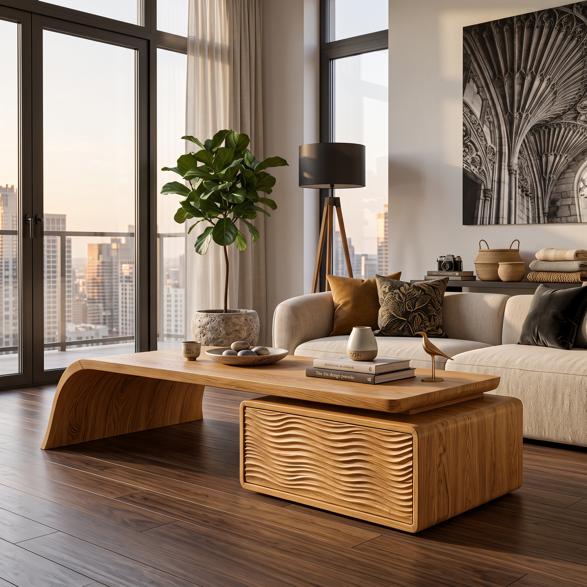 Artistic Wood Coffee Table With Drawers For Living Room
