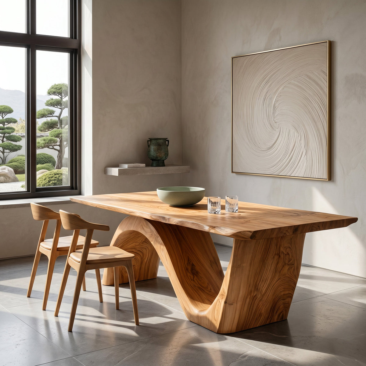 Contemporary Curved Base Wood Dining Table For Dining Area