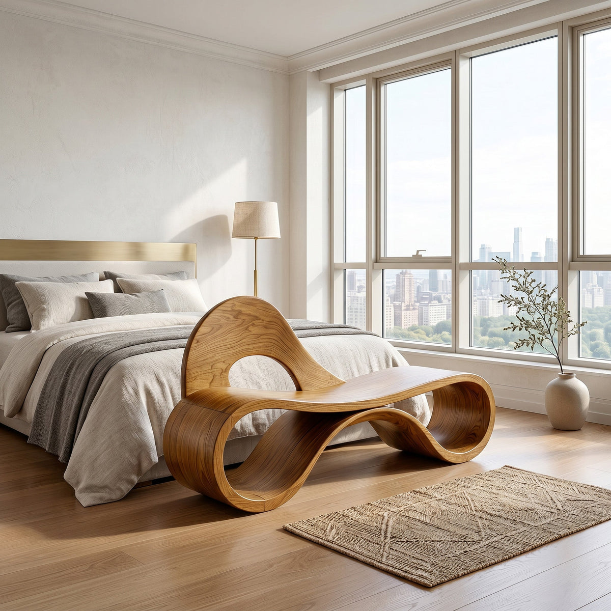Artistic Wooden Bench With Flowing Sculpture For Luxury Interior