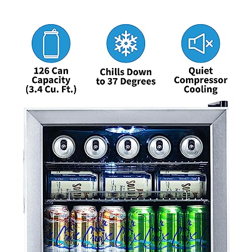 NewAir Beverage Refrigerator Cooler, 126 Cans, Stainless Steel, Right-Hinge Glass Door - AB-1200