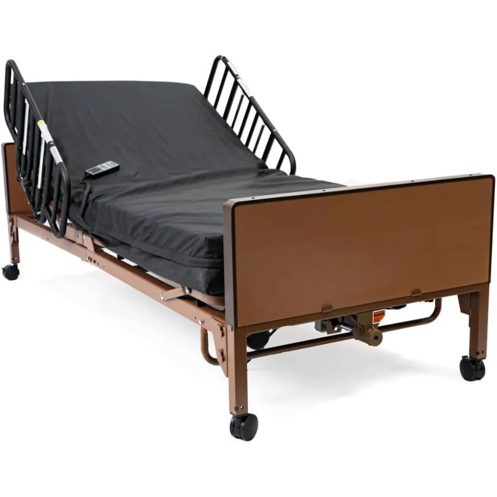 Med Mart Fully Electric Hospital Bed Set With Foam Mattress And Half Rails, Twin, Bronze, 80 x 36 x 21.5 in