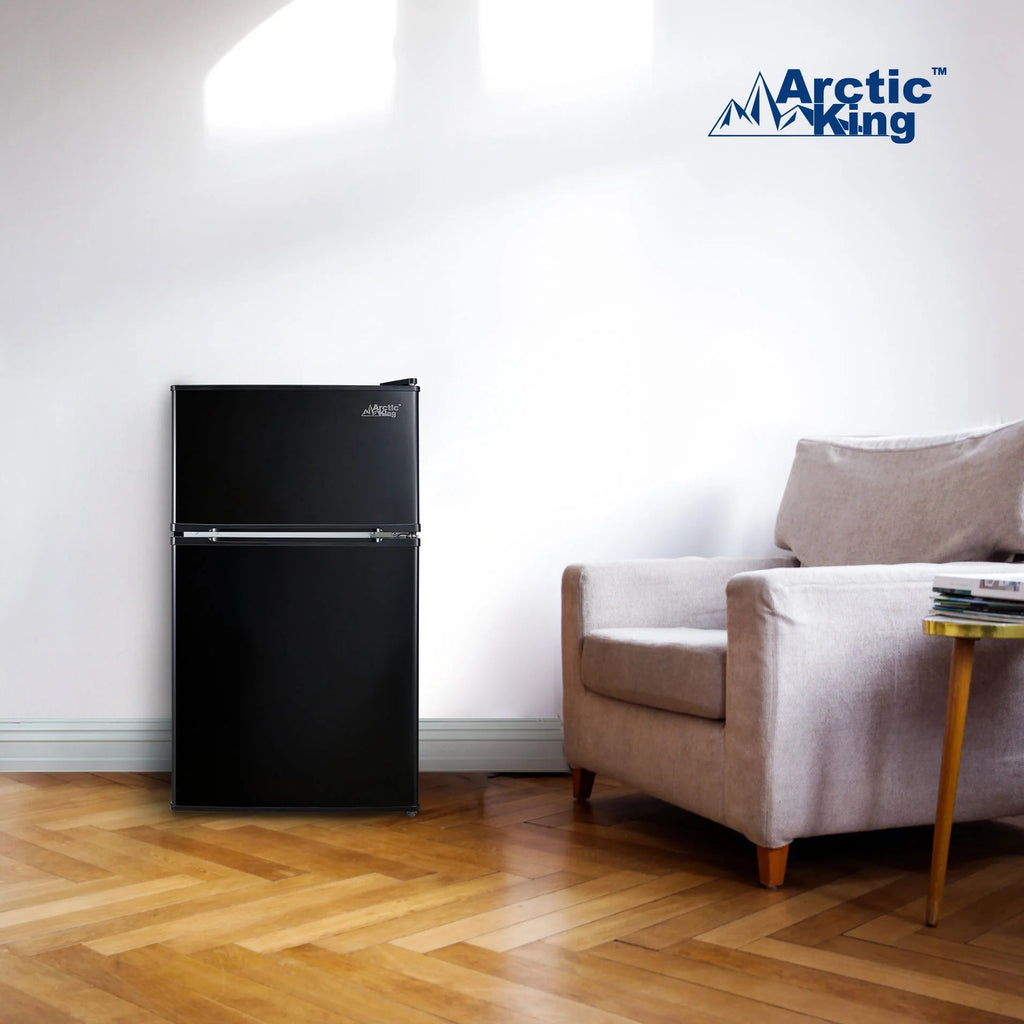 Arctic King Two-Door Mini Fridge With Freezer, 3.2 Cu ft, 18.5 in x 19.4 in x 33.3 in, Stainless Steel - E-Star