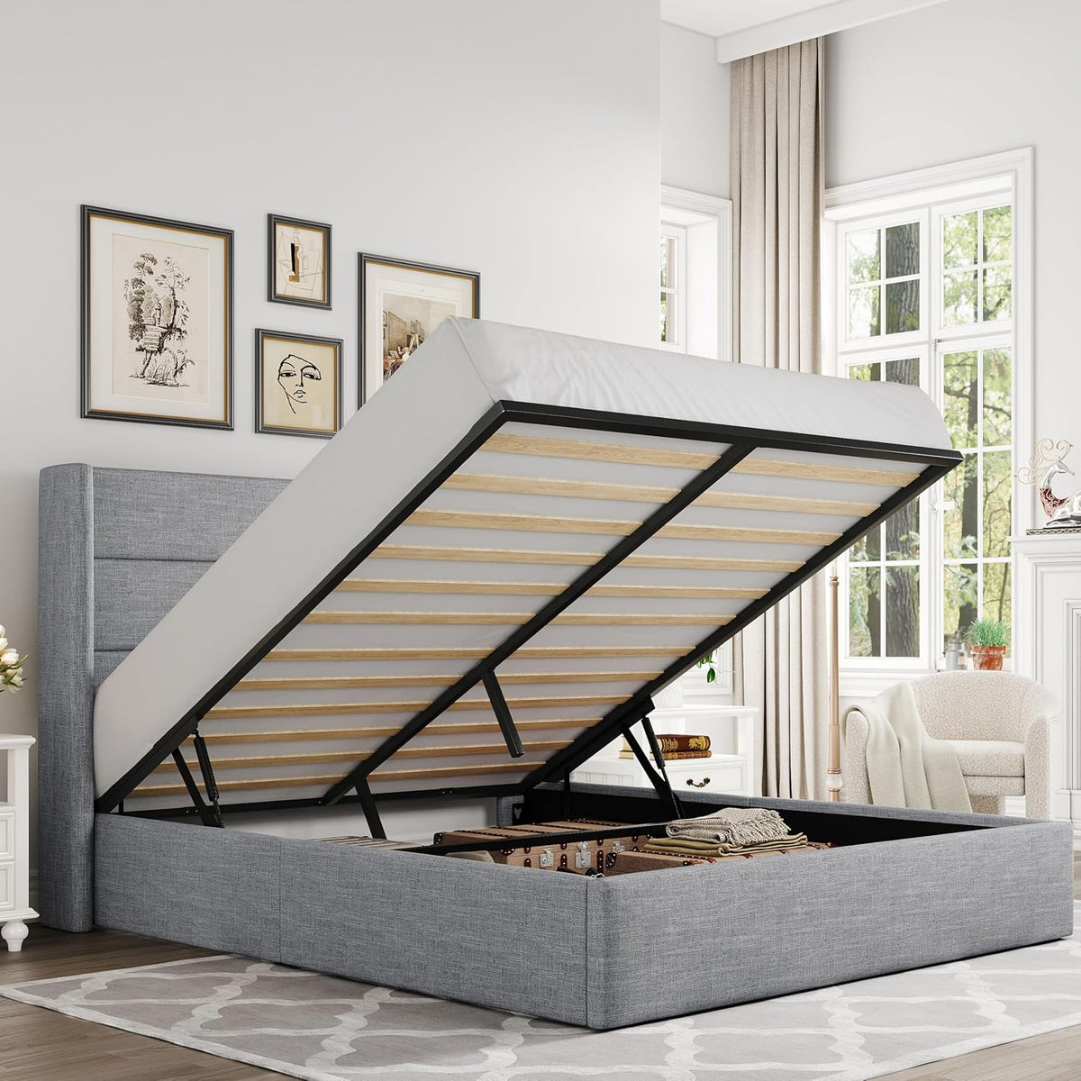 Queen Size Lift-Up Storage Bed With Wingback Headboard, Upholstered Platform Bed Frame With Hidden Storage