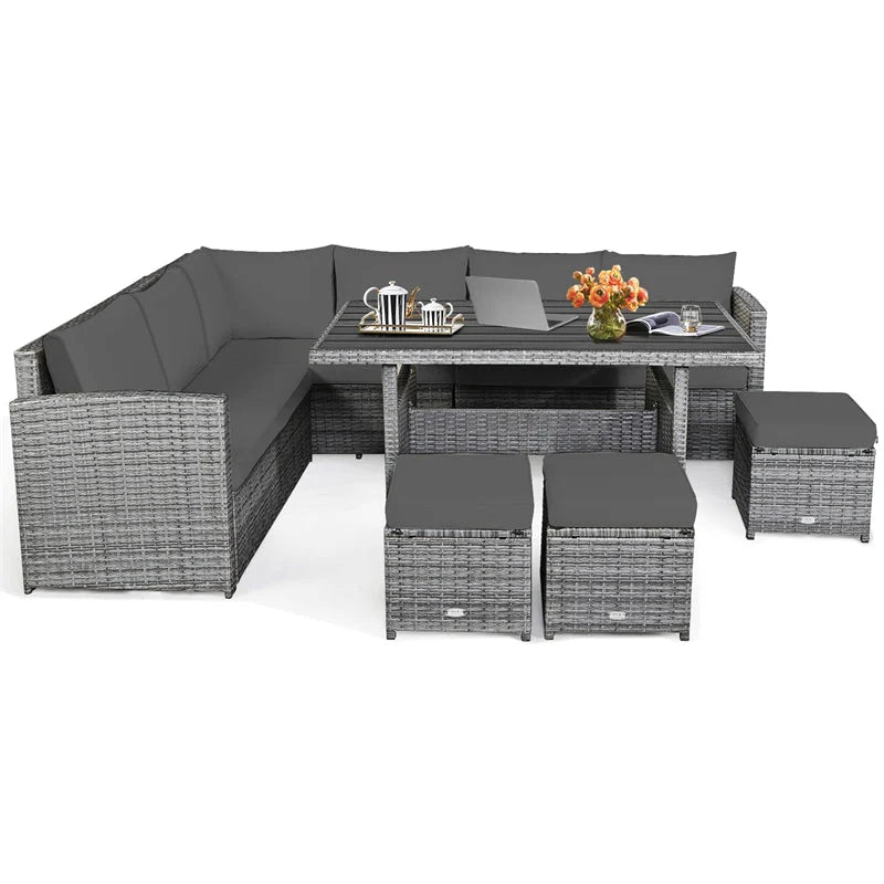 7-Piece Rattan Patio Dining Set With 3 Corner Chairs, 3 Ottomans And Table