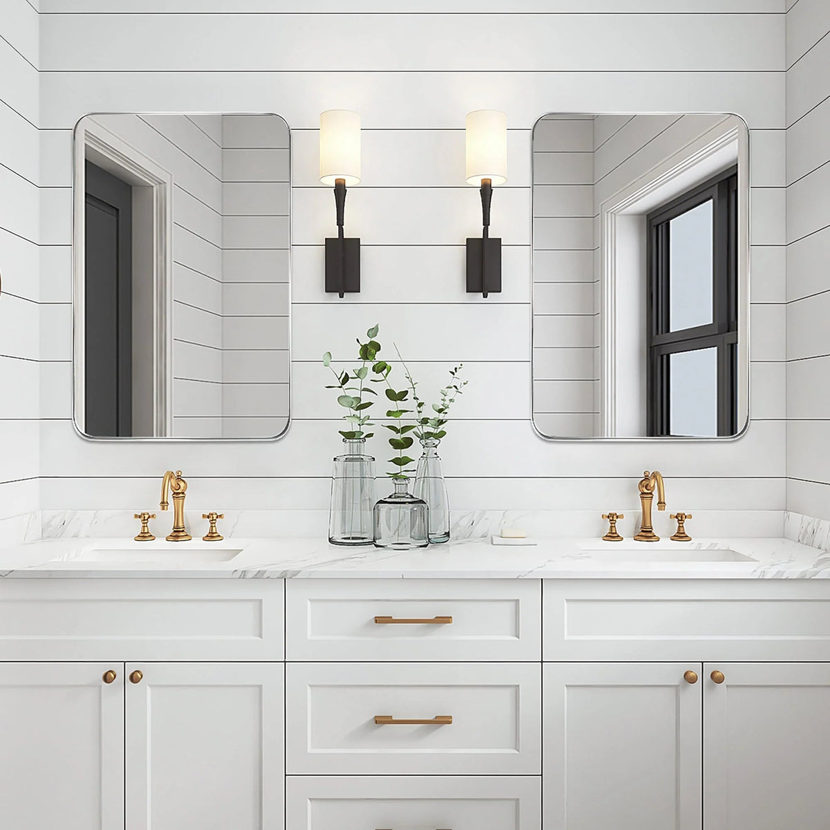 Framed Wall Vanity Mirror With Rounded Corners, 1 Piece