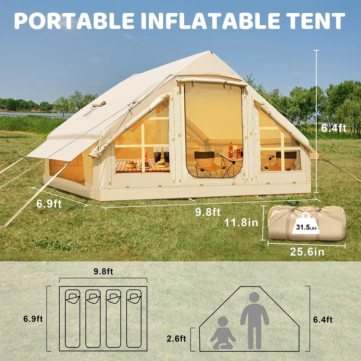 ABORON 6 Person Inflatable Camping Tent With Pump, 10ft x 7ft, Oxford - 4 Season