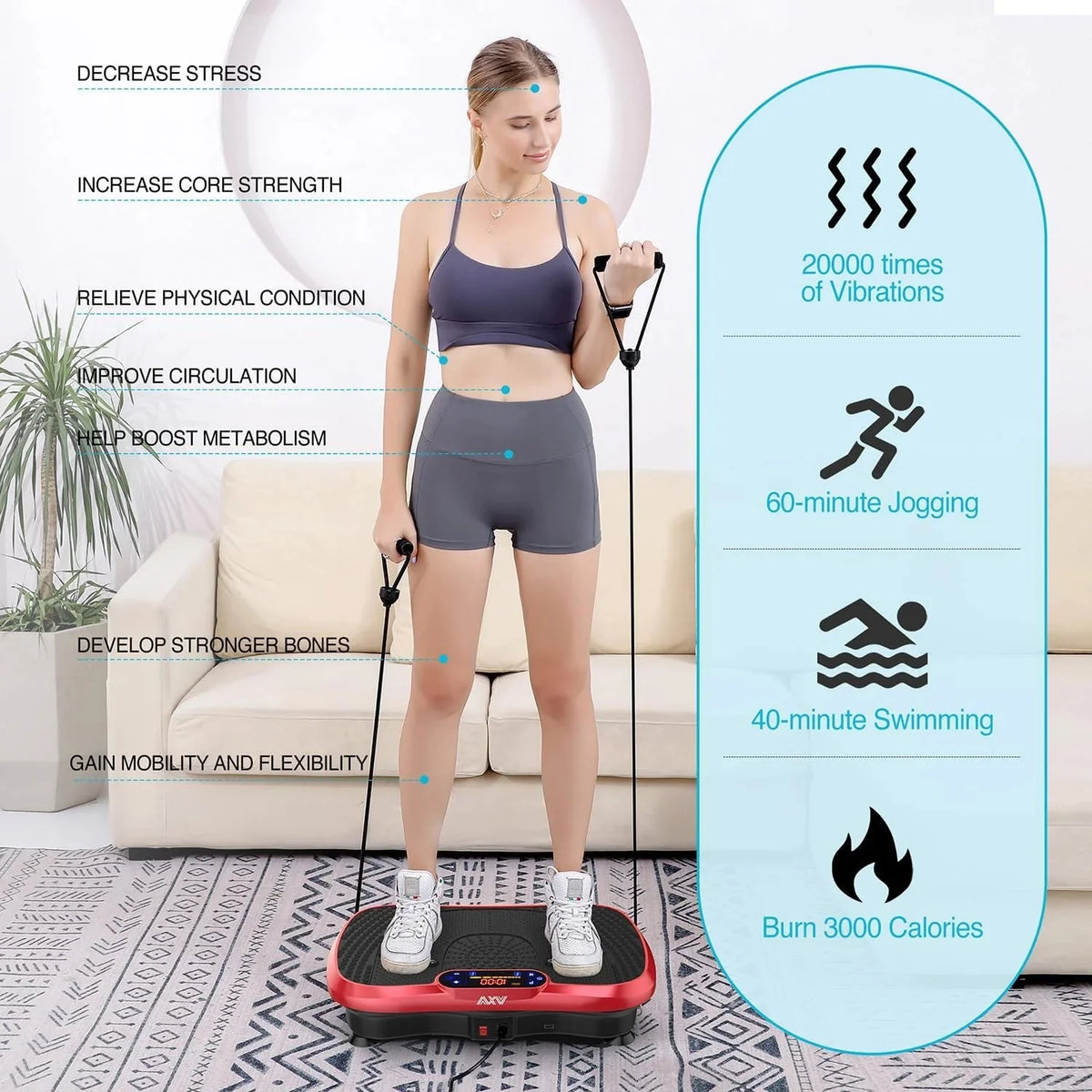 AXV Vibration Plate Fitness Platform, Gray, 2 Resistance Bands - Slim-Gray
