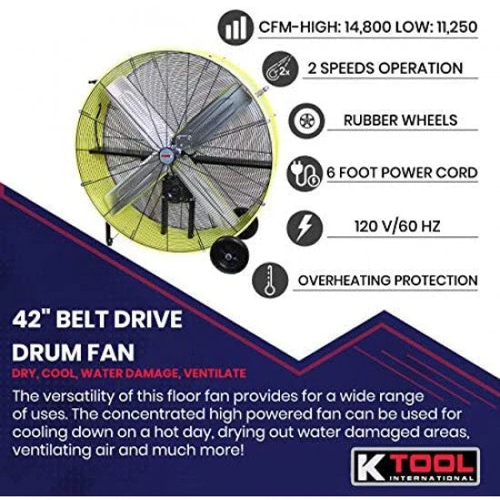 K Tool International 42 in Belt Drive Drum Fan, 2-Speed, Safety Yellow - KTI77743