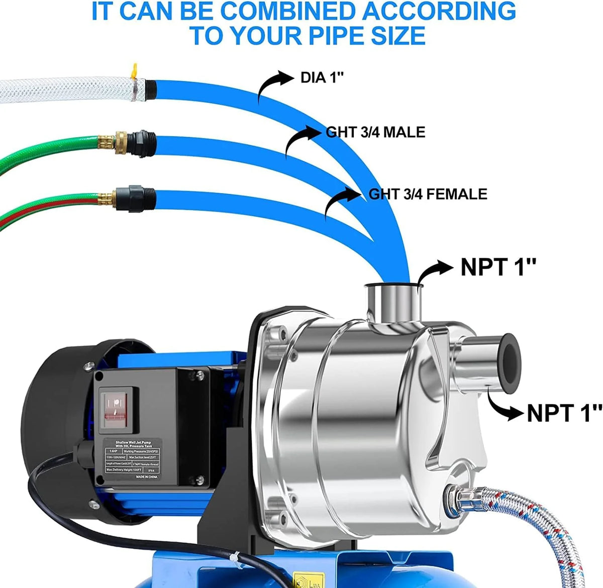PANRANO 1.6 HP Shallow Well Jet Pump With Pressure Tank, 1268 GPH, Stainless Steel