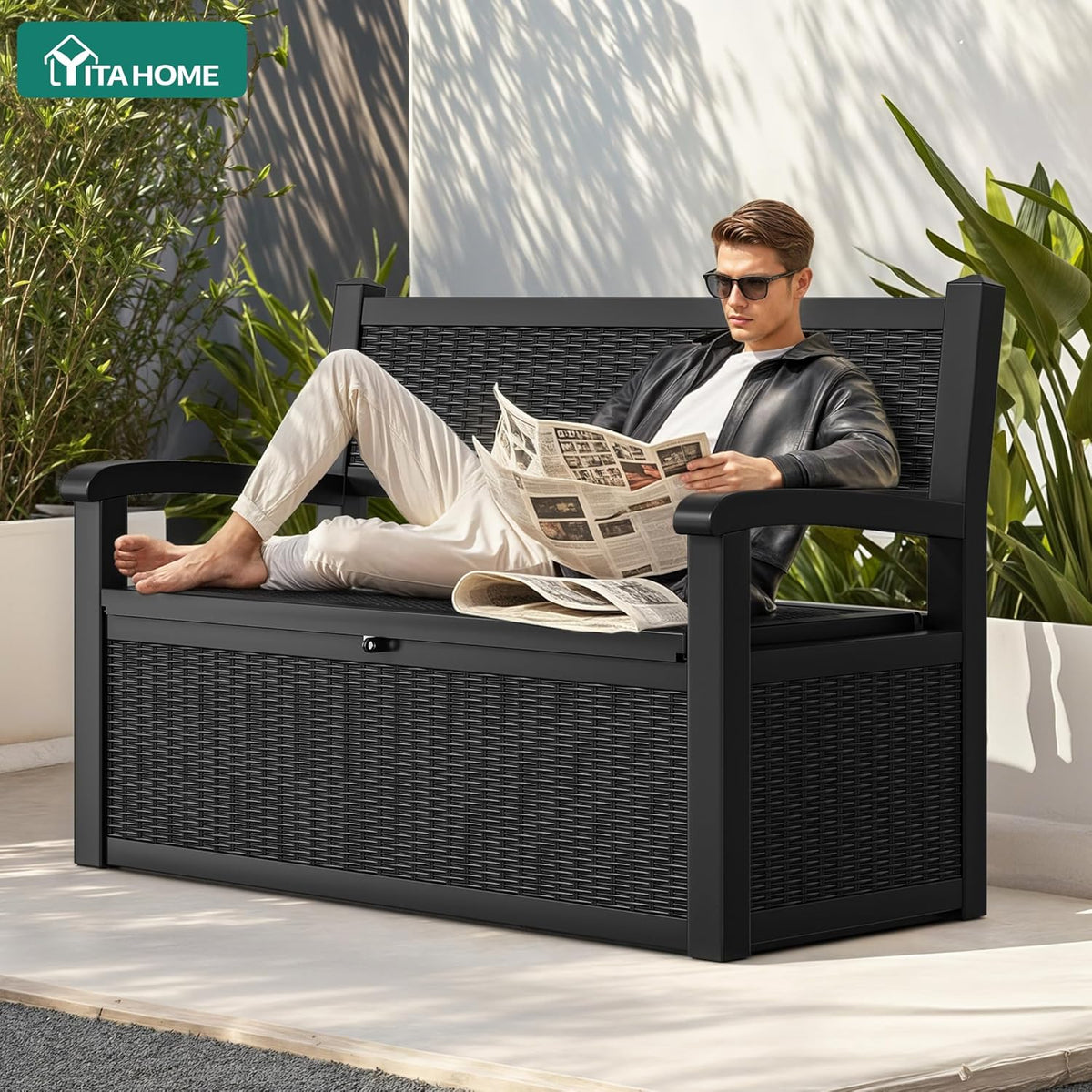 YITAHOME Outdoor Storage Bench With Armrests, 70-Gallon, Black