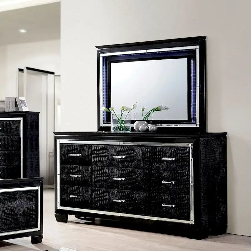 Furniture of America 9-Drawer Dresser and Mirror Set, 66 x 17.5 x 39 in - Ruff Crocodile