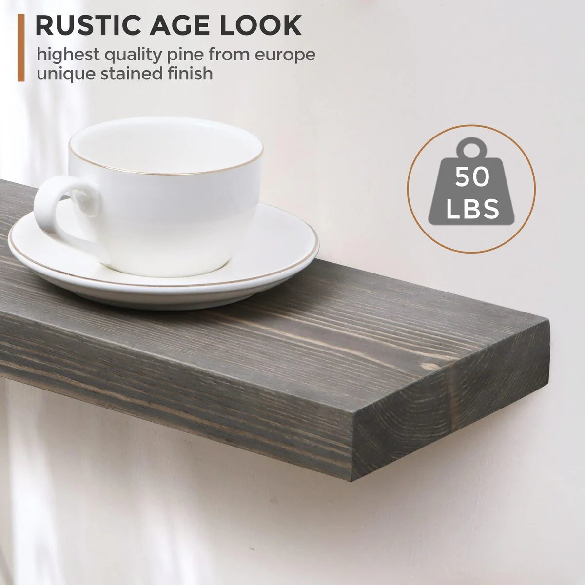 Set Of 2 Handcrafted European Pine Floating Wall Shelves, 16inch/24inch/36inch, Grey/Espresso/Walnut