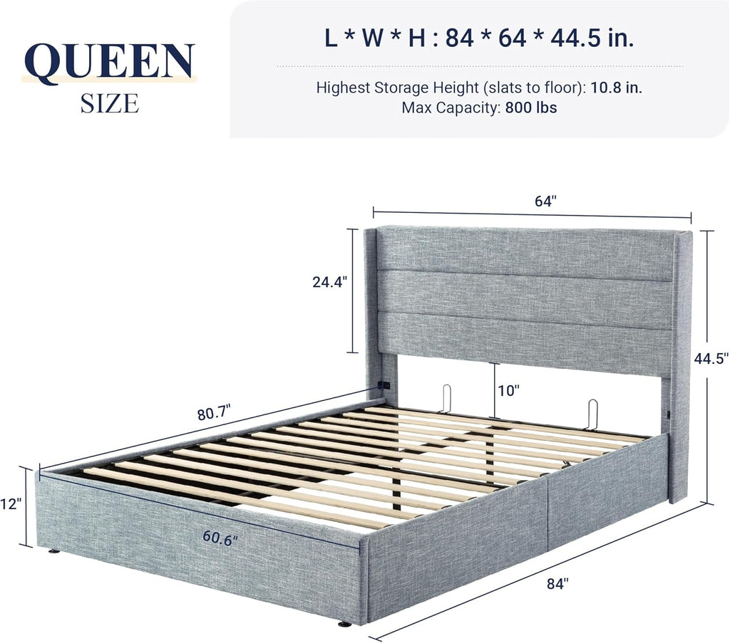 Queen Size Lift-Up Storage Bed With Wingback Headboard, Upholstered Platform Bed Frame With Hidden Storage