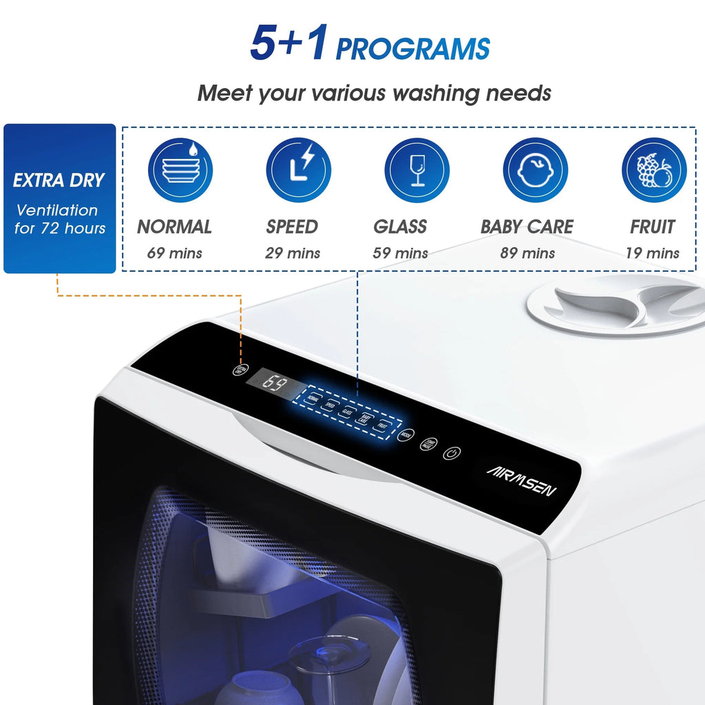 AIRMSEN Portable Countertop Dishwasher With 5L Built-In Water Tank And 5 Washing Programs - AE-TDQR03