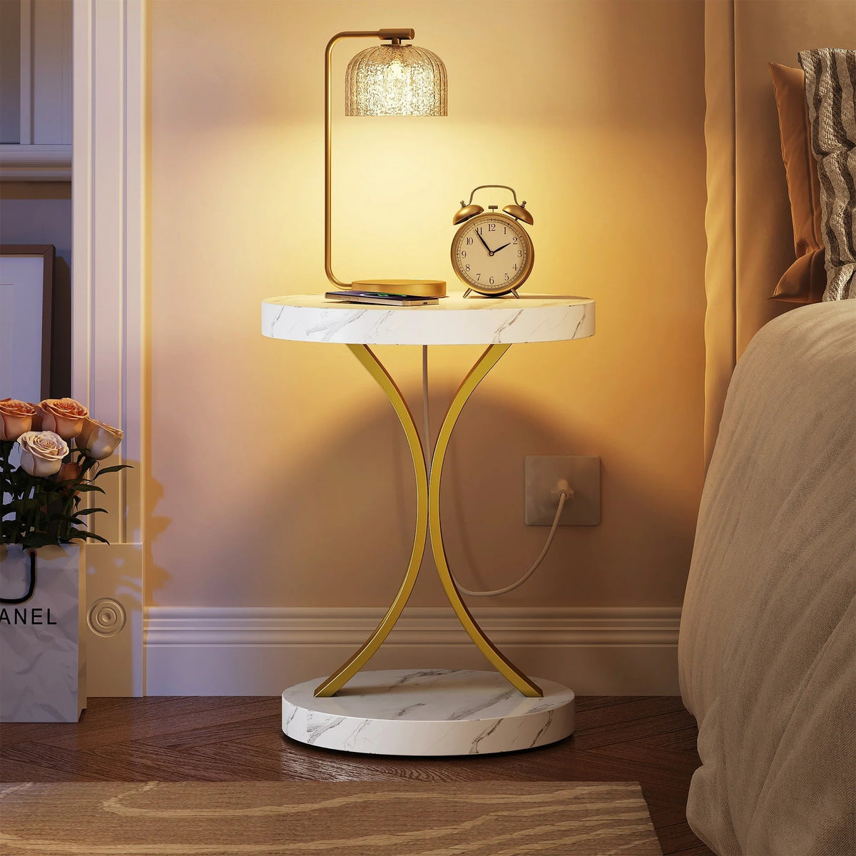 Console Table With Faux Marble MDF Top And Gold Metal Frame