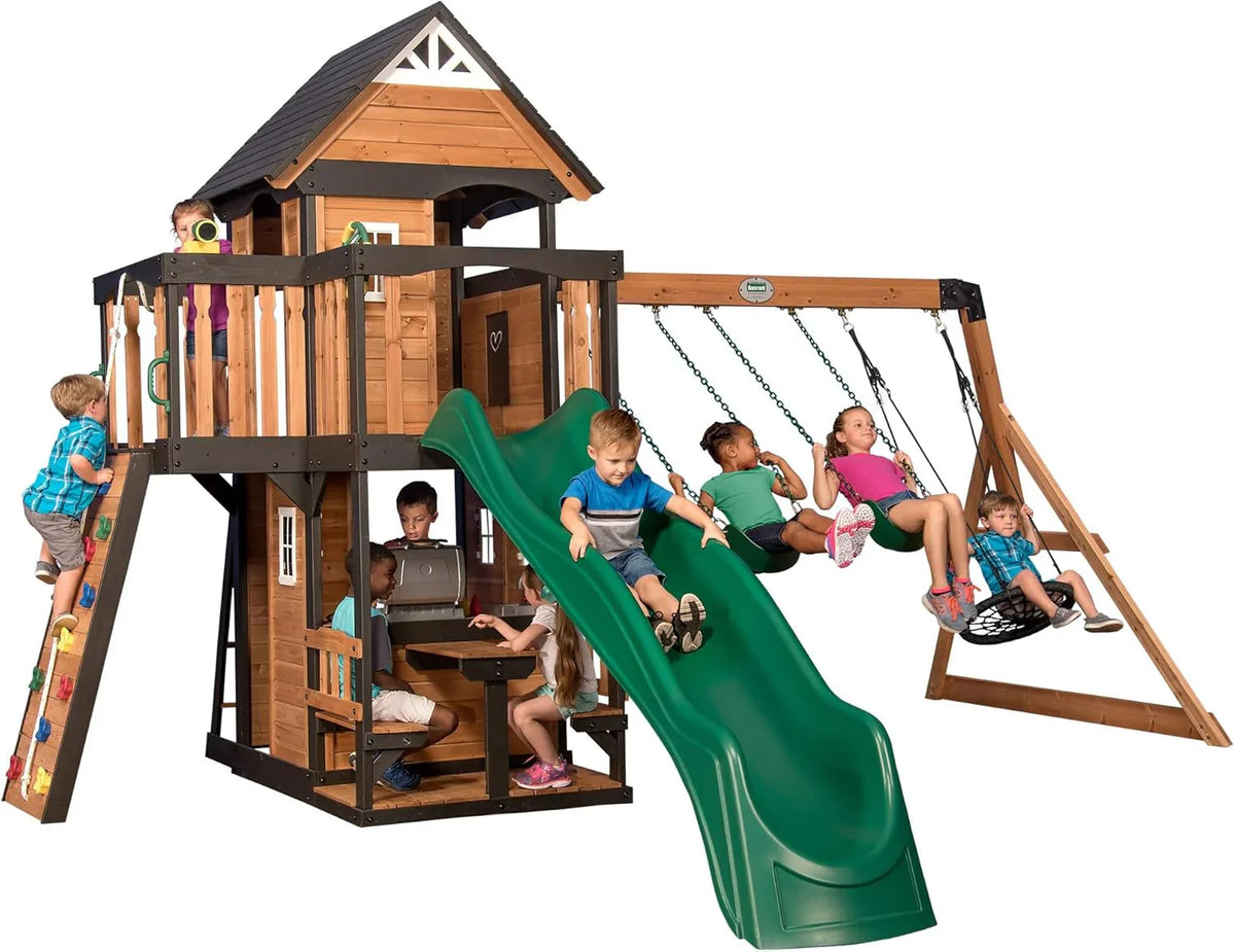 Backyard Discovery Cedar Wood Swing Set With Wave Slide, Clubhouse, Play Kitchen, Belt And Web Swings - Canyon Creek