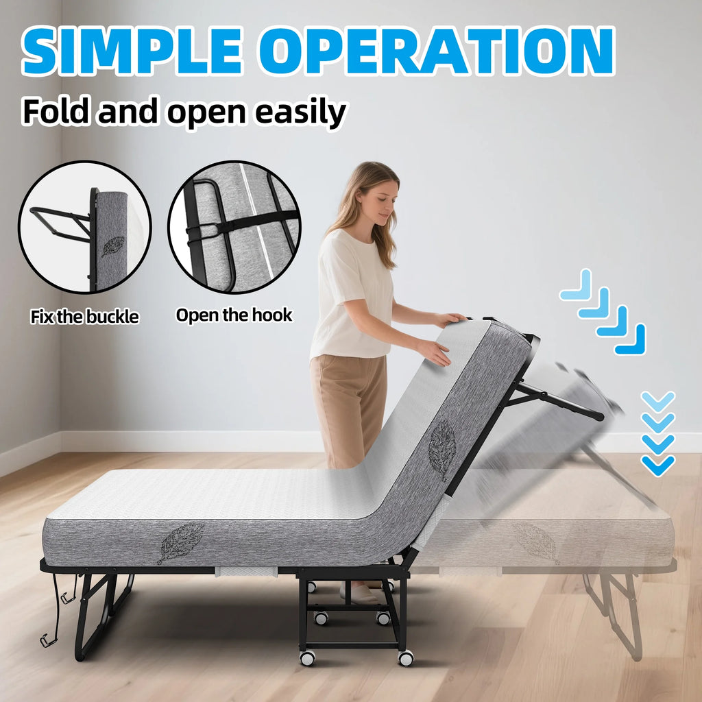 Folding Rollaway Guest Bed With 75in x 31in Cot Mattress And 5in Memory Foam