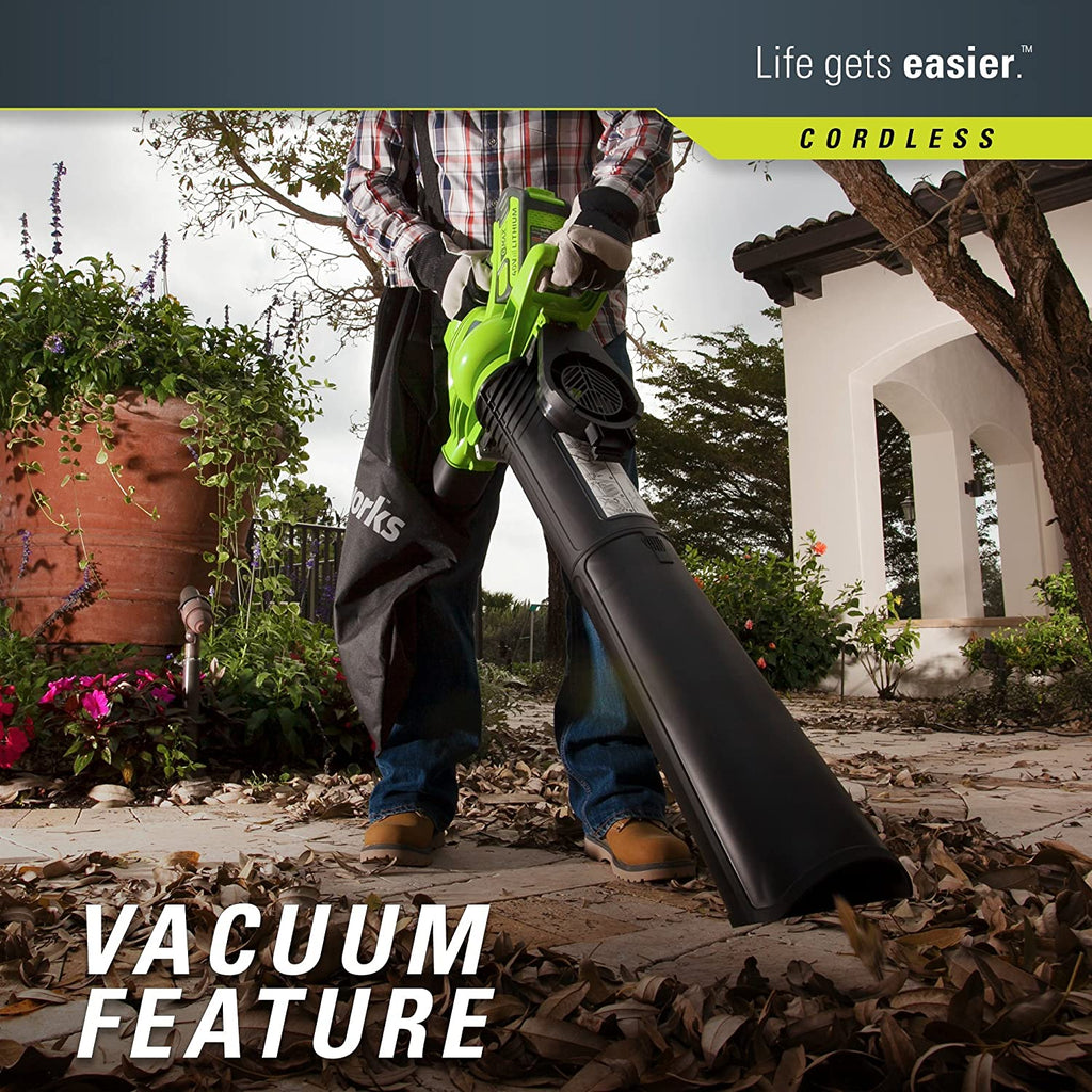 GreenWorks Cordless Leaf Blower/Vacuum, 40V 185 MPH, 4.0Ah Battery And Charger Included - 24322