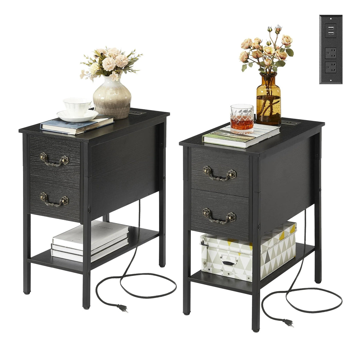Narrow End Table With Charging Station, 2 Drawers, 19.6 in L x 11.8 in W x 23.6 in H, Gray/Black - 1-pcs / 2-pcs