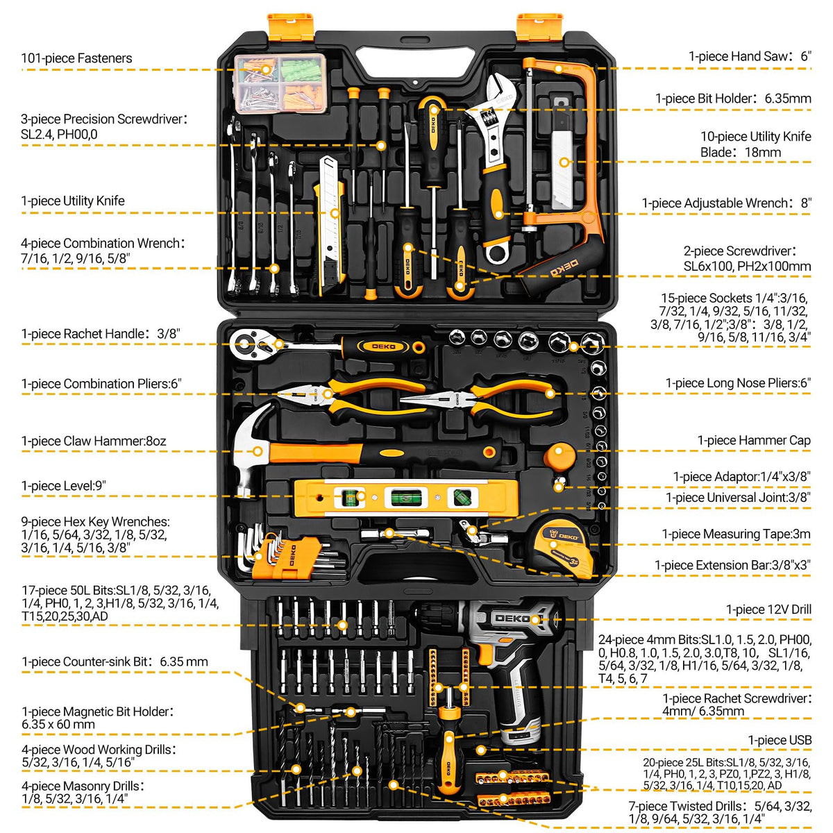 Home Mechanic Tool Kit With Toolbox, 12V Cordless Drill And 238 Pieces