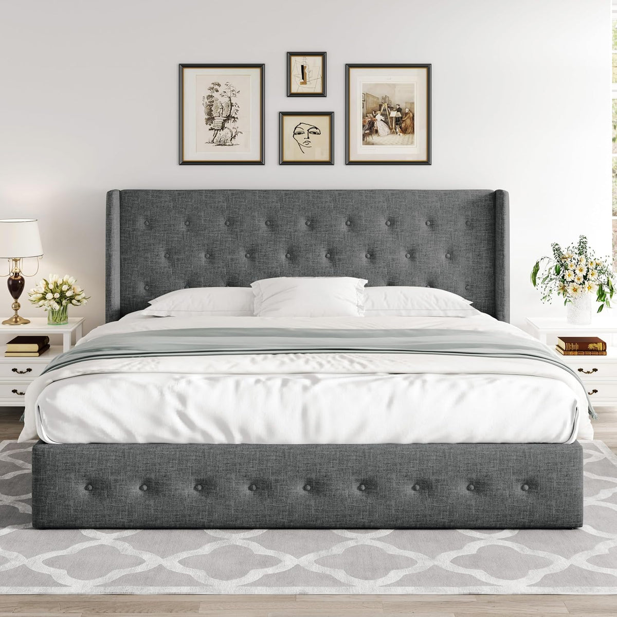 Queen Size Lift-Up Storage Bed With Wingback Headboard, Upholstered Platform Bed Frame With Hidden Storage