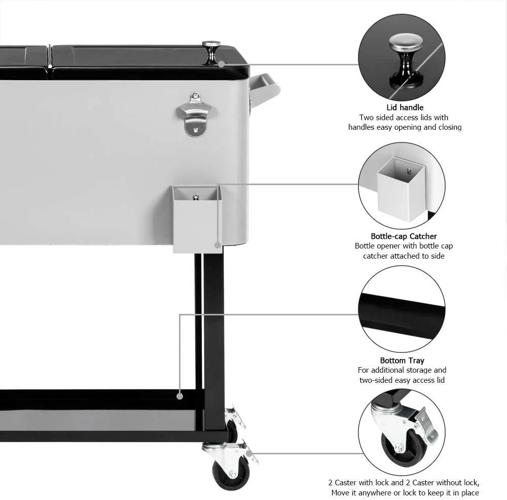 VINGLI 80 Quart Rolling Cooler Cart - 20 Gallon, 70 Cans/50 Bottles