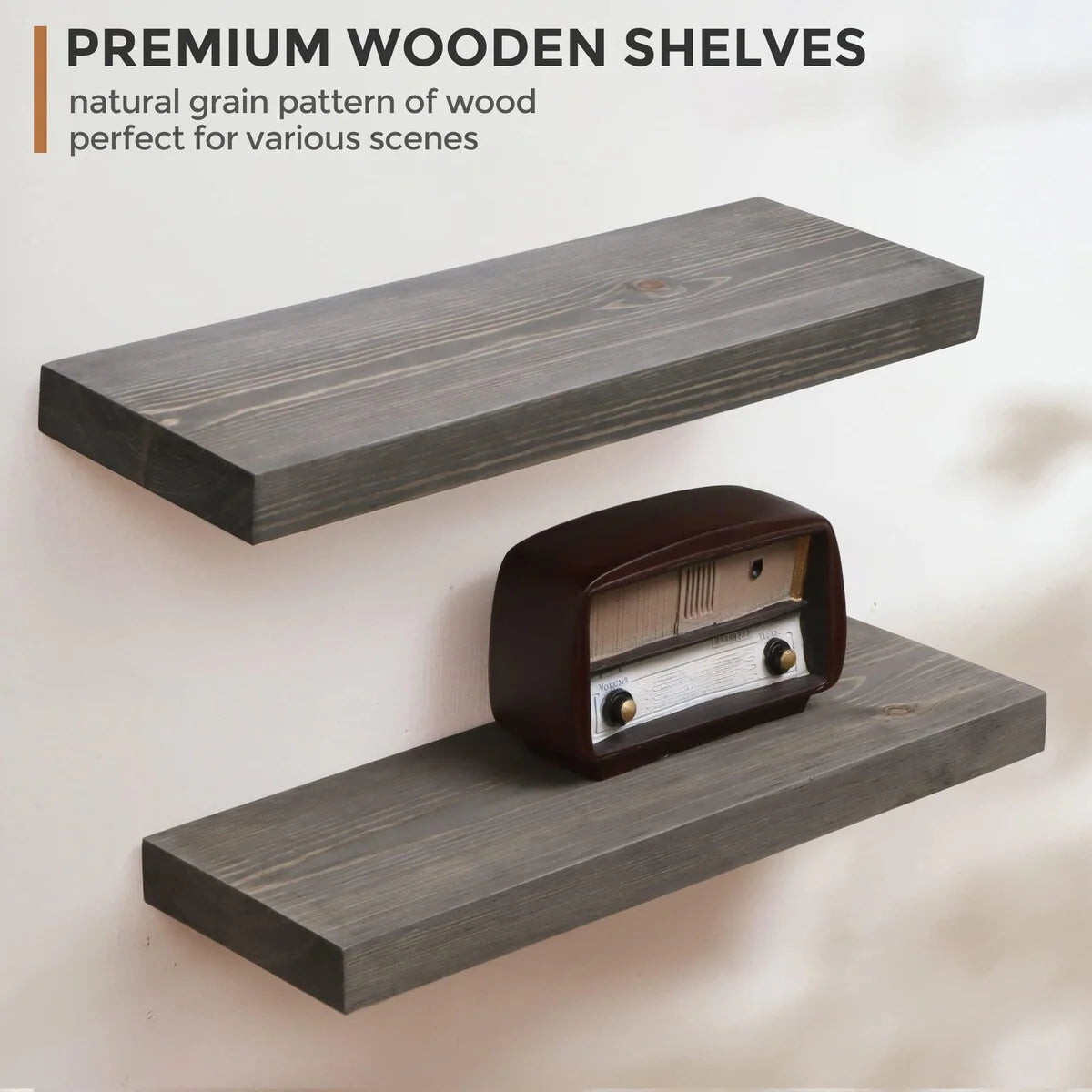 Set Of 2 Handcrafted European Pine Floating Wall Shelves, 16inch/24inch/36inch, Grey/Espresso/Walnut