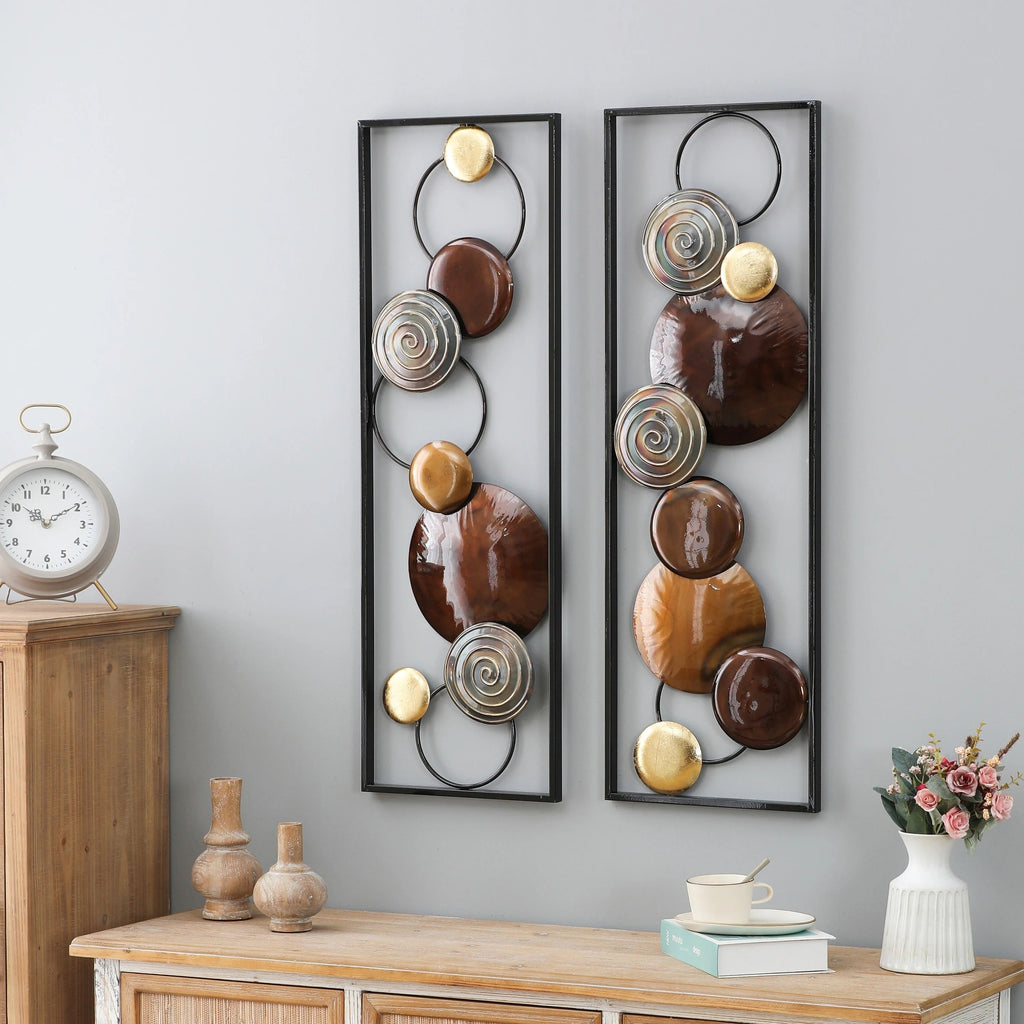Metal Wall Decor Set, Gold And Brown, 2 Panels, 36.1 in H x 11.8 in W x 1.4 in D