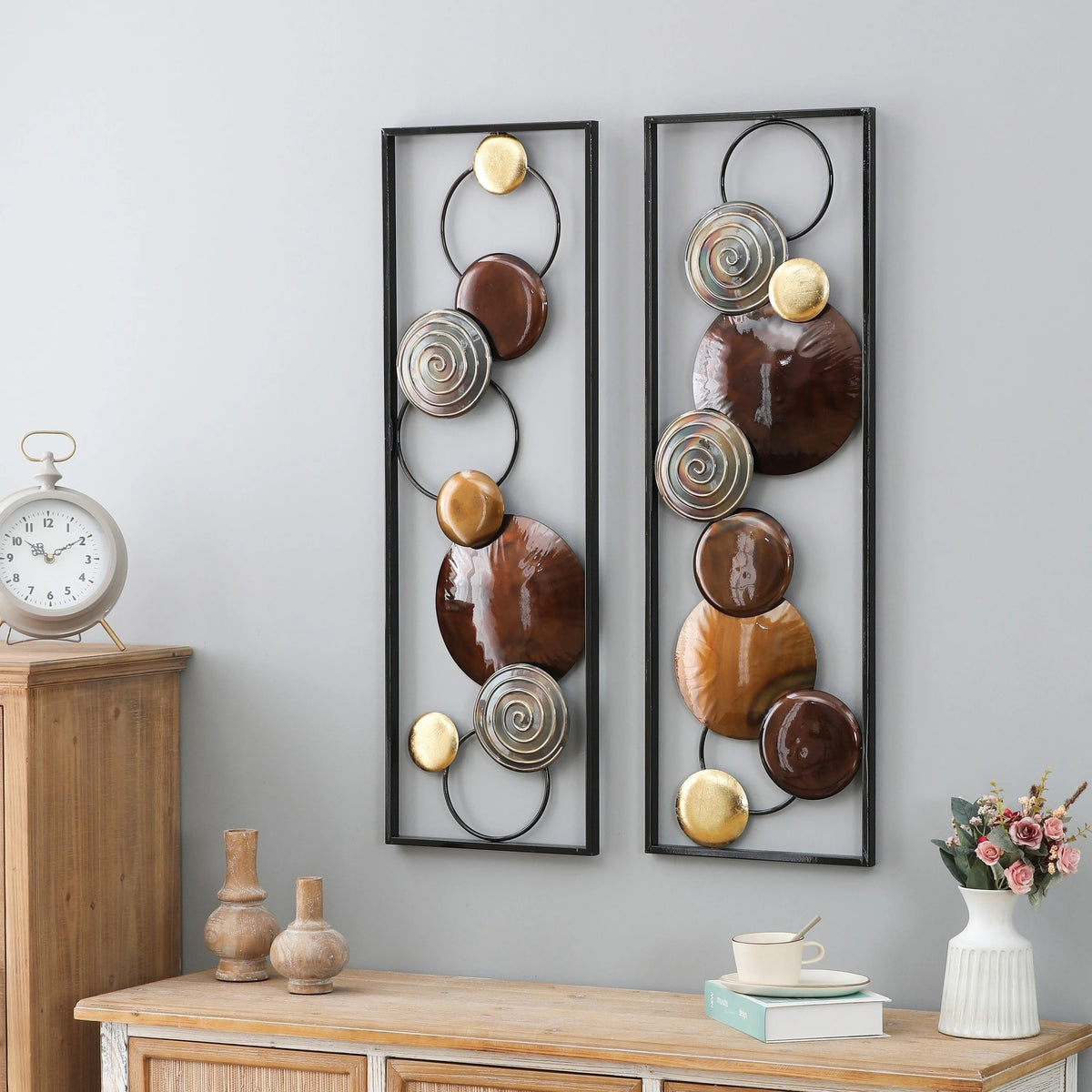 Metal Wall Decor Set, Gold And Brown, 2 Panels, 36.1 in H x 11.8 in W x 1.4 in D