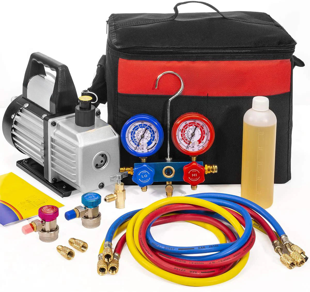 A/C Manifold Gauge Set With 3 CFM Vacuum Pump For R12, R22, R134a, R410a HVAC Refrigeration Service