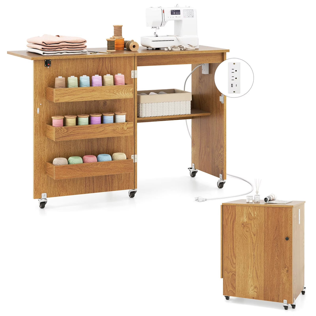 Costway Folding Sewing Table With 3 Storage Bins And Charging Station, Natural