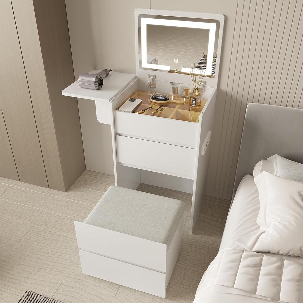 3-in-1 Vanity Desk Set With Flip-Top Lighted Mirror, Storage Stool And 15.7*19.7*31.5 Inches Table
