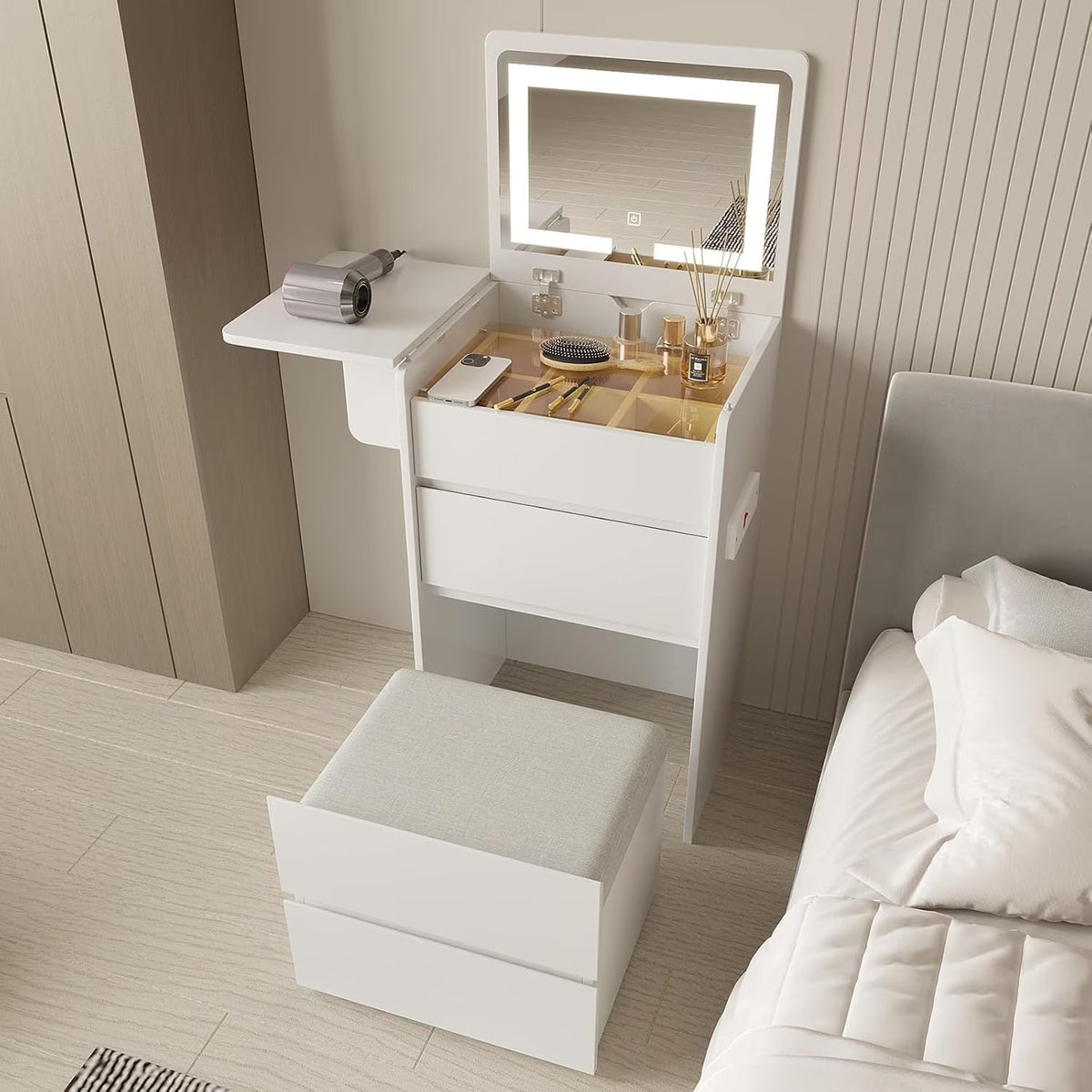 3-in-1 Vanity Desk Set With Flip-Top Lighted Mirror, Storage Stool And 15.7*19.7*31.5 Inches Table