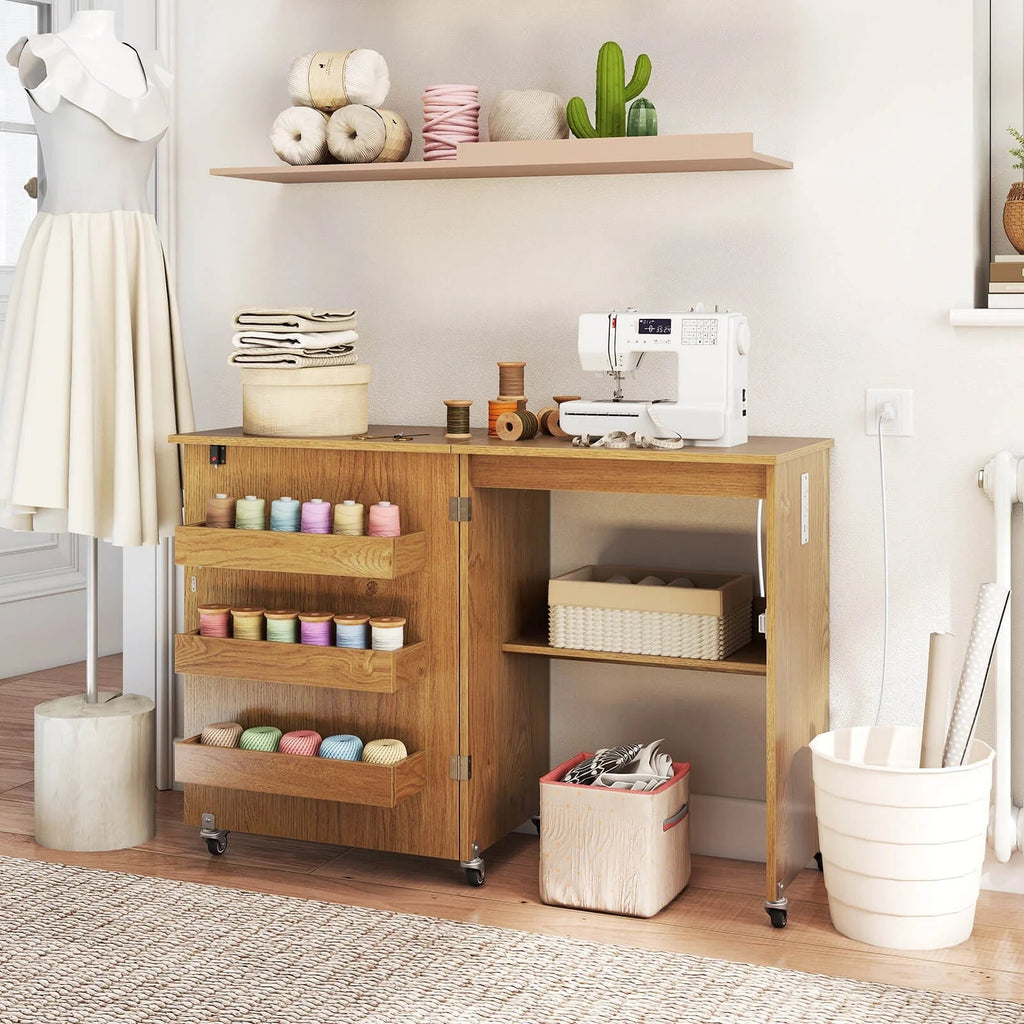 Costway Folding Sewing Table With 3 Storage Bins And Charging Station, Natural