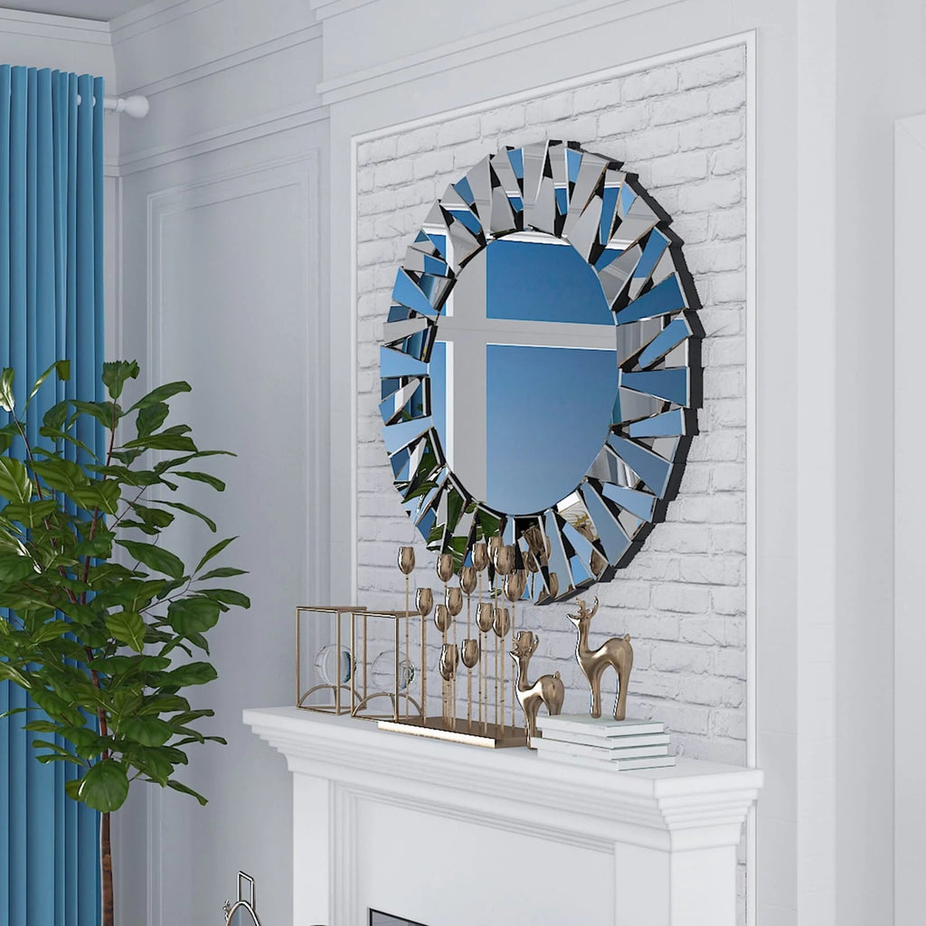 32 Inch Round Sunburst Decorative Wall Mirror, Silver Glass - 31.5 Inch