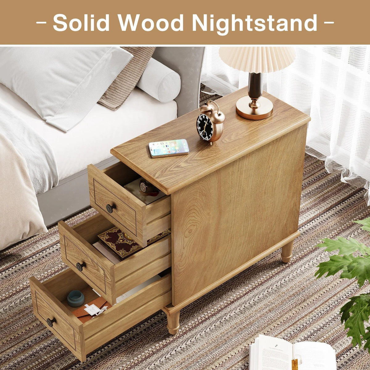 Solid Wood Narrow End Table With 3 Drawers - Fully Assembled