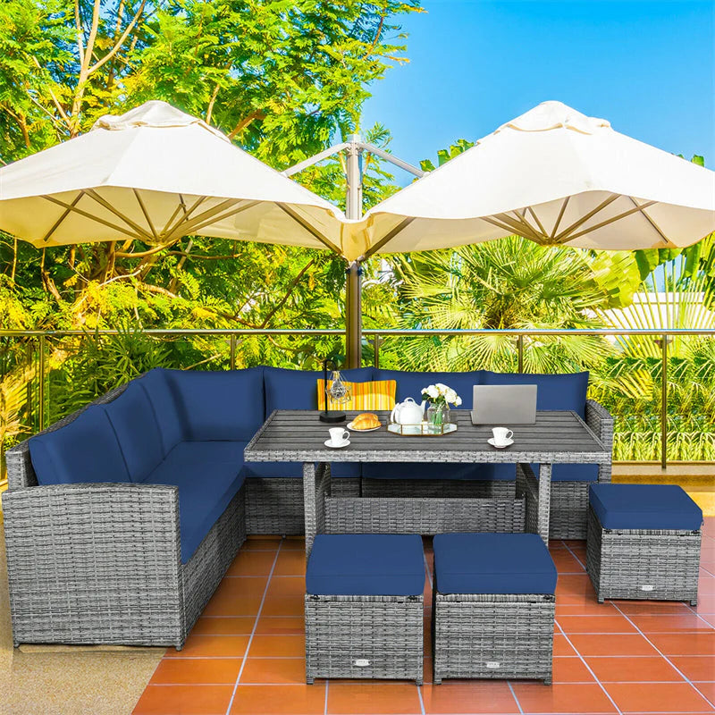 7-Piece Rattan Patio Dining Set With 3 Corner Chairs, 3 Ottomans And Table