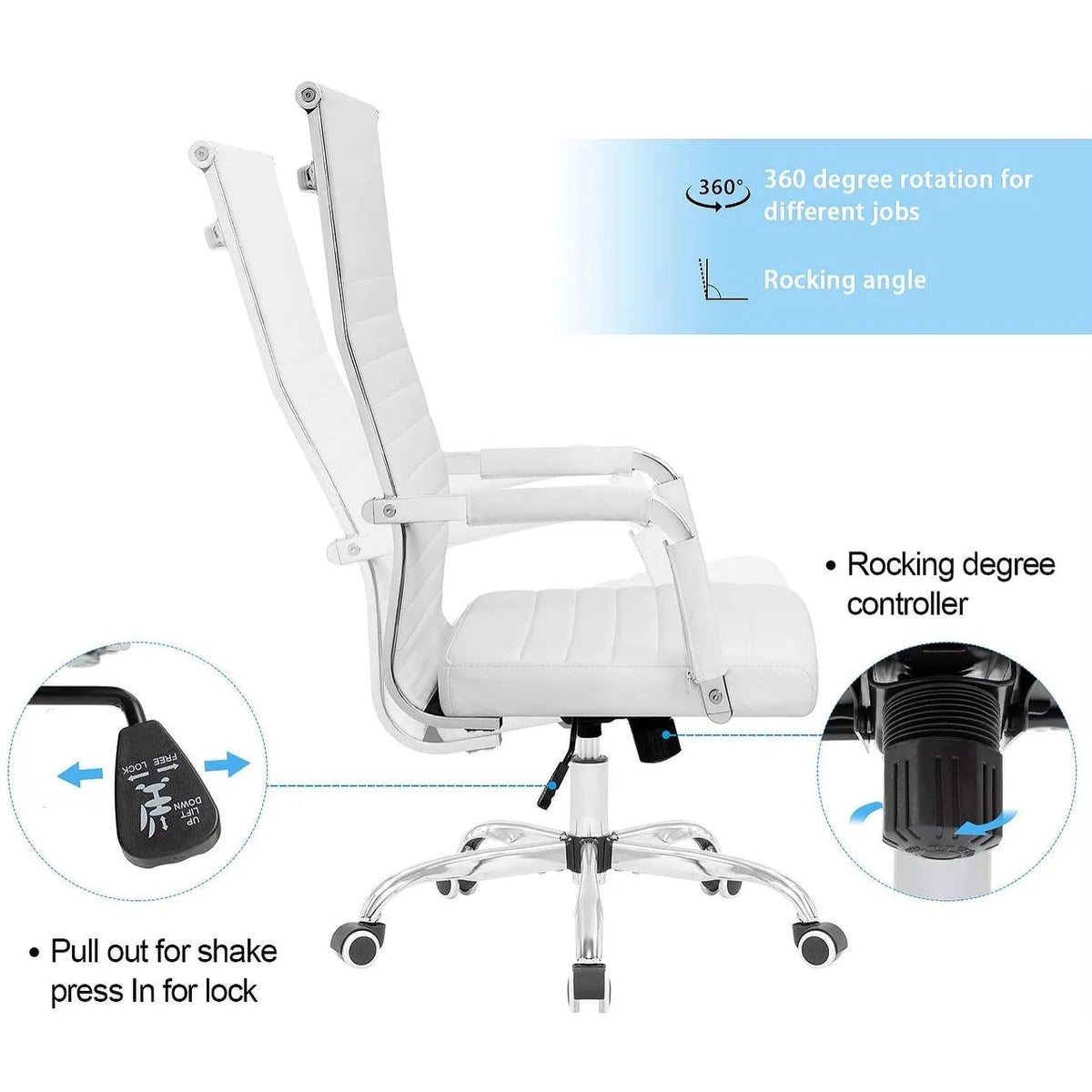 Ribbed High Back PU Leather Office Chair, 3.15-Inch Pad, 19.7 x 19.1 Inch Seat, 18.1 x 29.6 Inch Back, 16.7-19.9 Inch Height, 320 Lb