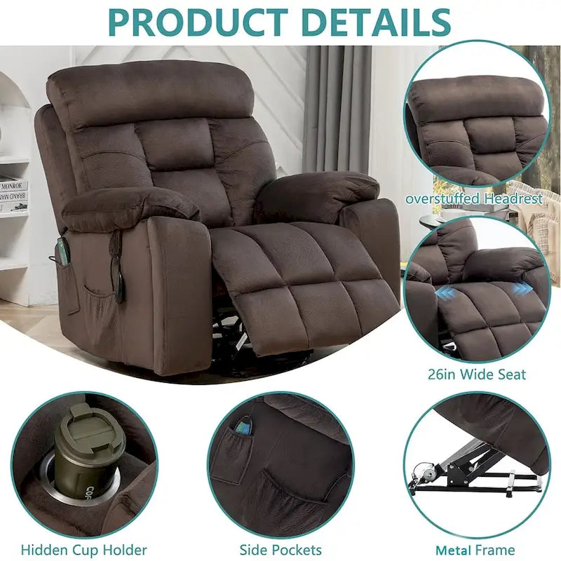 Large Electric Power Lift Recliner With Heat, Massage, Hidden Cup Holder - 40.94W x 38.19D x 42.52H