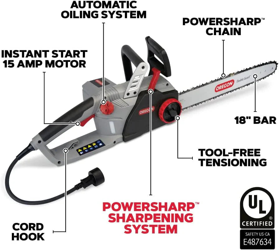 Oregon 18-inch 15 Amp Corded Electric Chainsaw With PowerSharp Self-Sharpening System - CS1500