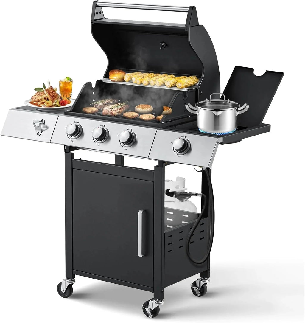 MELLCOM 4 Burner Propane Gas Grill With Cast Iron Grates And Side Stove, 44,000 BTU, Black - BBQ-4+1