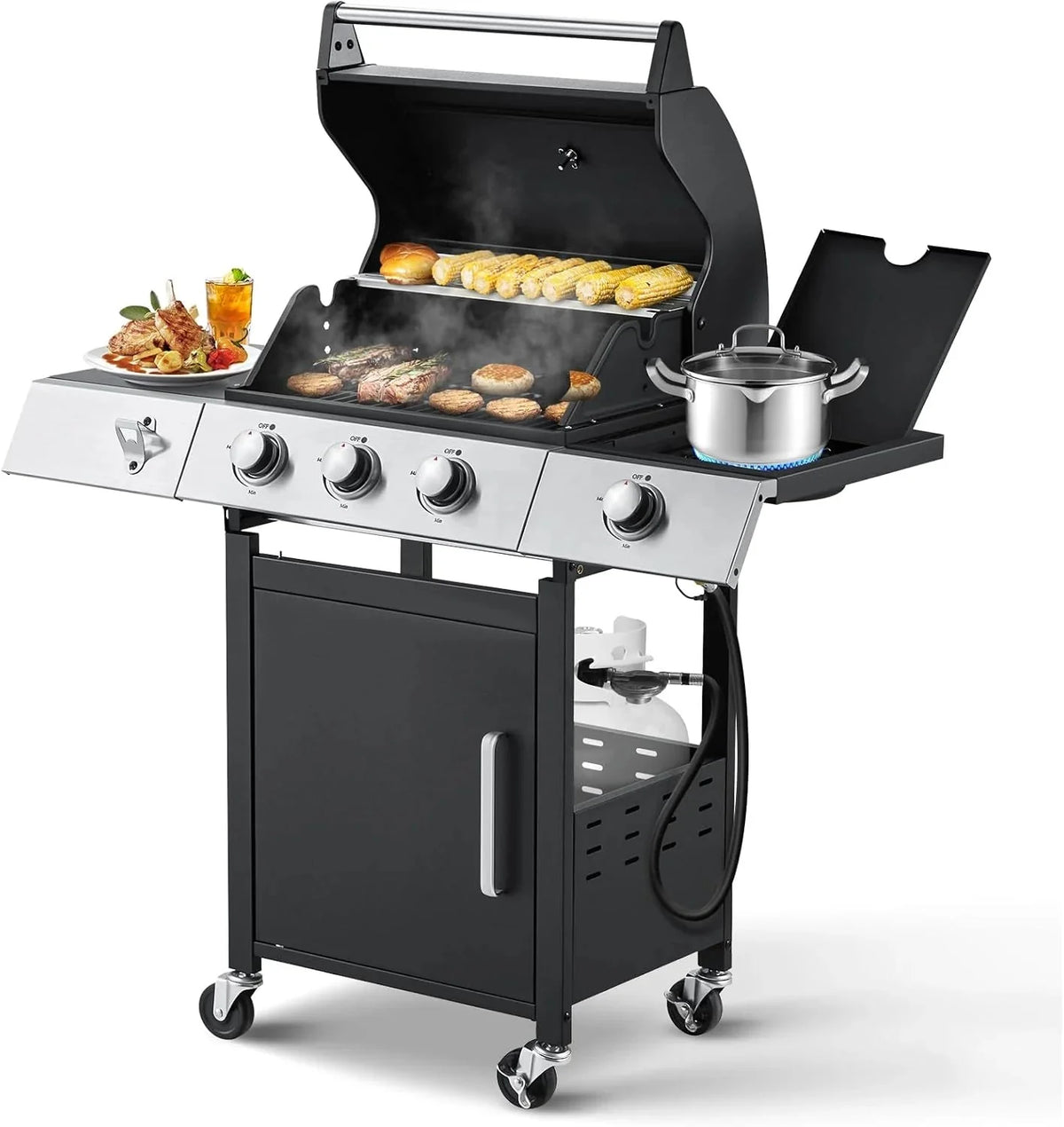 MELLCOM 4 Burner Propane Gas Grill With Cast Iron Grates And Side Stove, 44,000 BTU, Black - BBQ-4+1