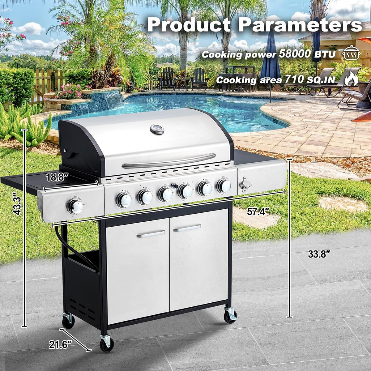 MELLCOM 4 Burner Propane Gas Grill With Cast Iron Grates And Side Stove, 44,000 BTU, Black - BBQ-4+1