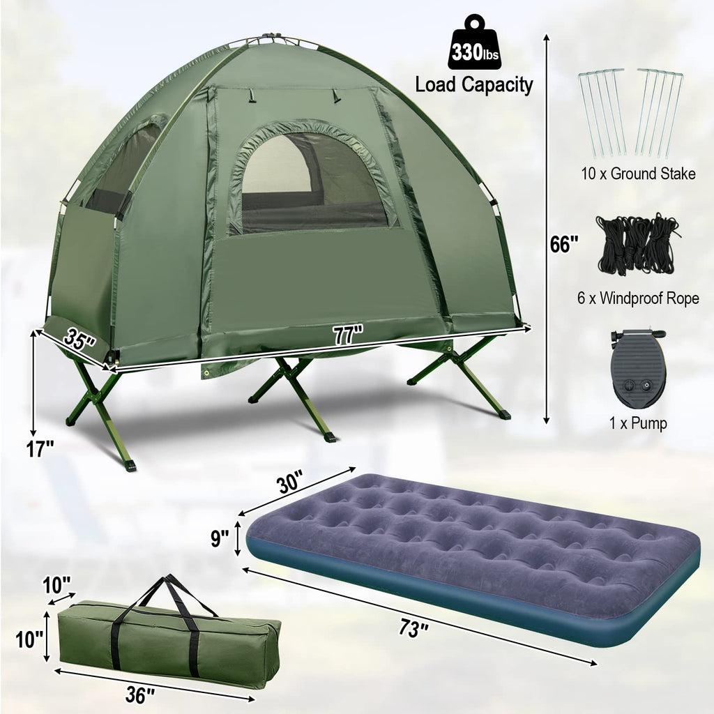 5-in-1 Folding Camping Cot Tent With Air Mattress, Pillow And Sleeping Bag - Green & Blue, 77in x 35in x 66in