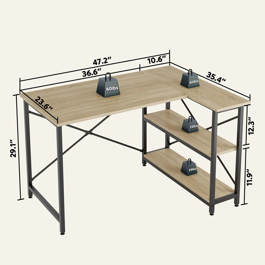 Small L-Shaped Computer Desk With Reversible Storage Shelves - 55-Inch / 47-Inch
