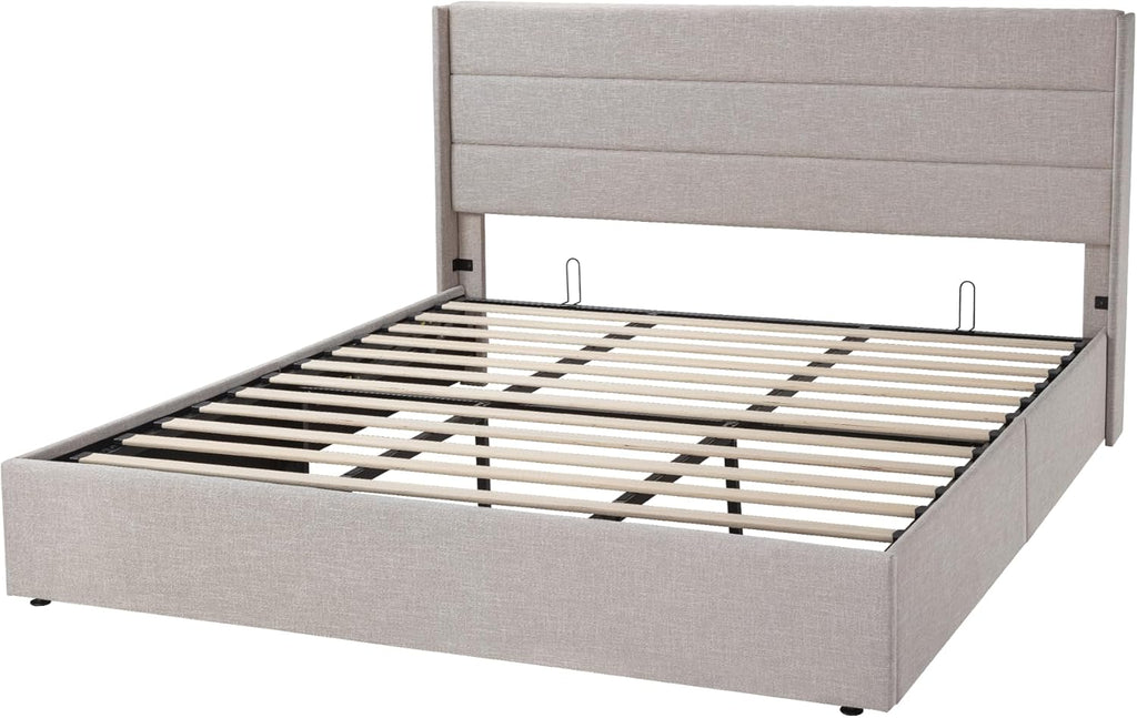 Queen Size Lift-Up Storage Bed With Wingback Headboard, Upholstered Platform Bed Frame With Hidden Storage