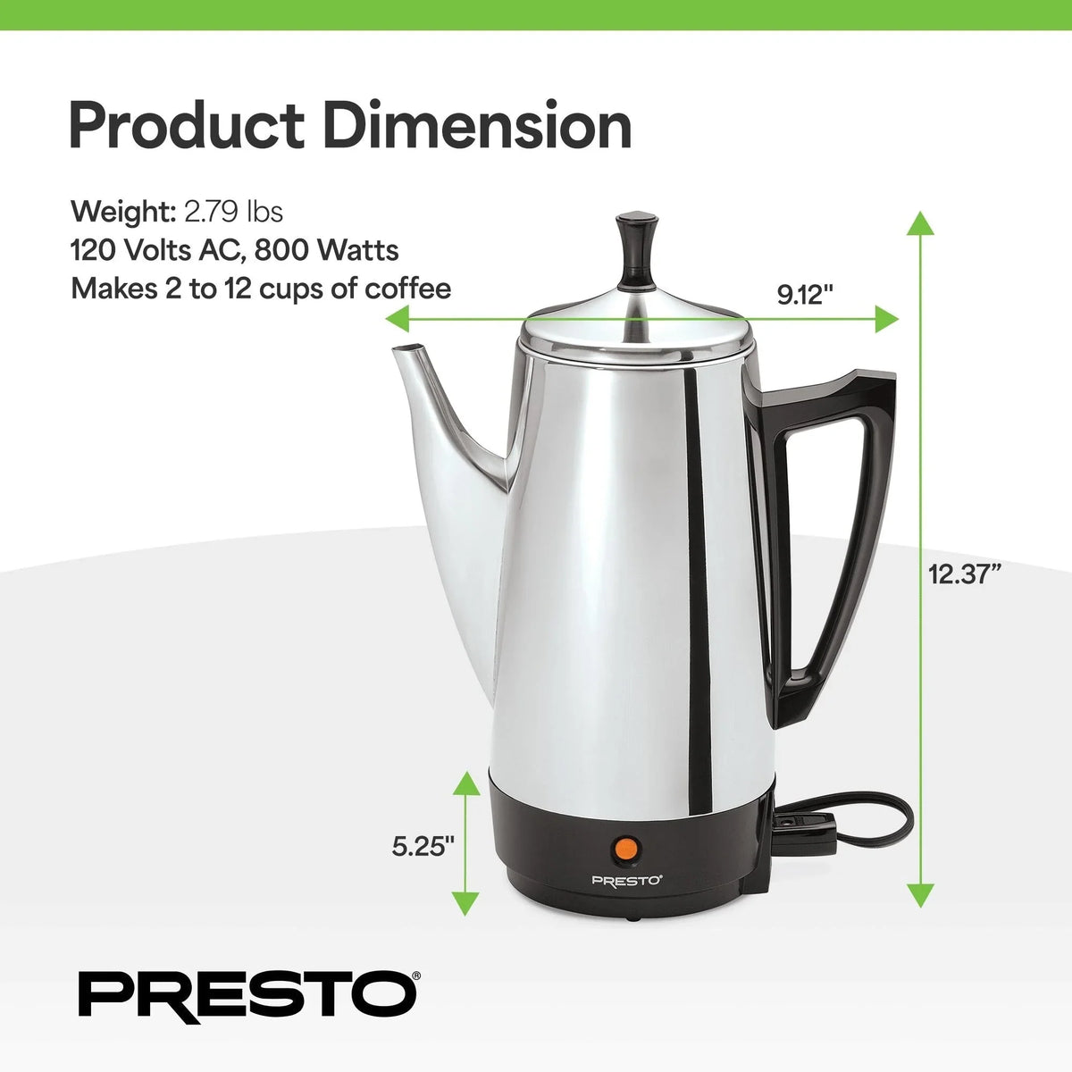 Presto Stainless Steel Percolator Coffee Maker, 2 to 12 Cups, Silver